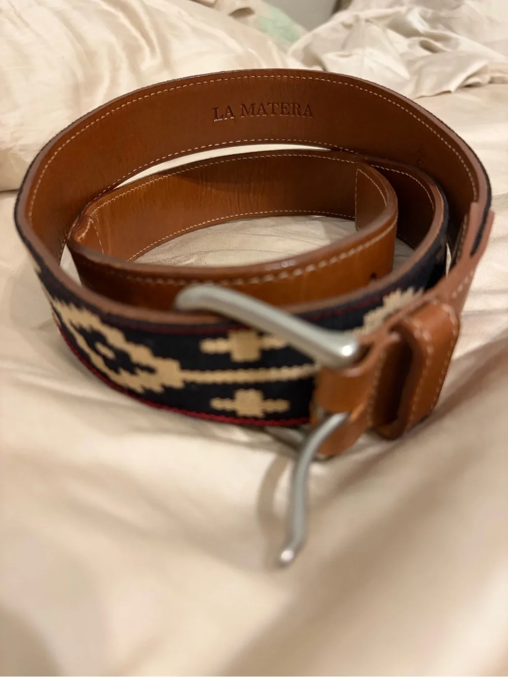 La Matera - Cazador Polo Leather Belt in Tan Size 40 Geometric Blue and White